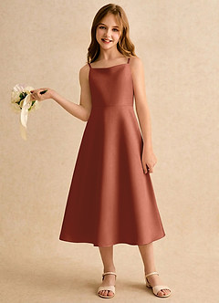 Azazie Jaella Girls Formal Blomsterpigekjoler A-Line Plisseret Mat satin Te-længde Kjole image2
