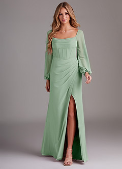 Azazie Charissa Bridesmaid Dresses Agave Sheath Long Sleeve Chiffon Dress image3
