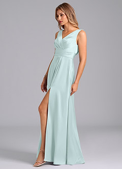 Azazie Karina Robes de demoiselle d'honneur Robe Trapèze en Satin extensible Plissée Verre De Mer image3