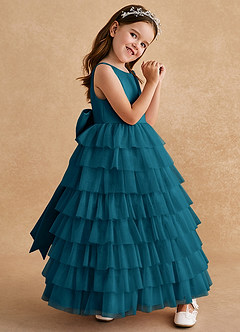 Azazie Twinkle Toes Flower Girl Dresses Ink Blue A-Line Bow Tulle Dress image3