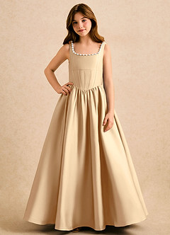 Azazie Enid Girls Formal Flower Girl Dresses Champagne A-Line Beaded Stretch Satin Dress image4