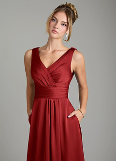Azazie Karina Bridesmaid Dresses Pomegranate A-Line Pleated Stretch Satin Dress image7