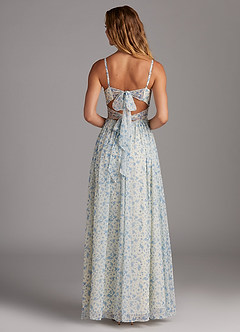 Azazie Zeya Abiti da Damigella Abito A-Line in Chiffon con Scollo a V a Pieghe Blue And White Ditsy Floral image5