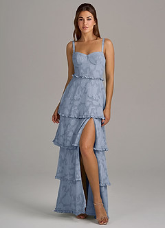 Azazie Romie At-home Try On Dresses Sky Blue A-Line Corset Floral Burnout Dress image4