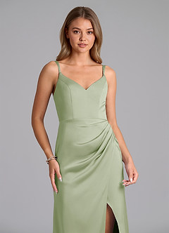 Azazie Leo Bridesmaid Dresses Dusty Sage Sheath Pleated Stretch Satin Dress image3