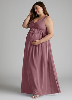 Azazie Yetta Maternity Bridesmaid Dresses A-Line V-Neck Gathered Chiffon Floor-Length Dress image10