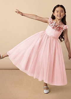 Azazie Demetra Flower Girl Dresses Blushing Pink A-Line Lace Tulle Dress image1