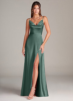 Azazie Sarella Bridesmaid Dresses Eucalyptus A-Line Pleated Stretch Satin Dress image1