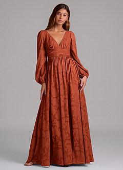 Azazie Norah Brudtärnklänningar Klä av A-Linje i Blommig Utbrändhet Långärmad Kastanjebrunt image1