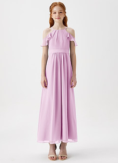 Azazie Chaya Junior Candy Pink A-Line Off the Shoulder Chiffon Dress image3