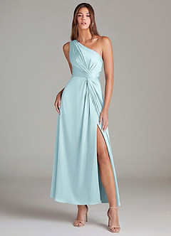 Azazie Brooke Robes de demoiselle d'honneur Robe Trapèze en Satin extensible Asymétrique Bleu Nuage image1