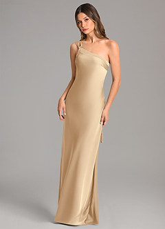 Azazie Monroe Jurken voor bruidsmeisjes Jurk van Stretch Satijn met Zeemeermin One-Shoulder Champagne image3
