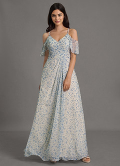 Azazie Dakota Robes de demoiselle d'honneur Robe Trapèze en Mousseline de soie Col V plissé Floral Azur image4