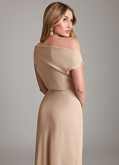 Azazie Emerson Bridesmaid Dresses Taupe Sheath Off the Shoulder Chiffon Dress image3