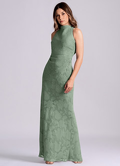 Azazie Evadne Final Sale Matcha Sheath Pleated Floral Burnout Dress image4