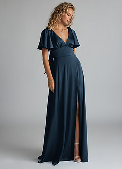 Azazie Kimber Brautjungfernkleider A-Linie Gestreift Stretch-Satin Kleid Dunkelmarine image4