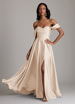 Azazie Loisa Abiti da Damigella Abito A-Line in Raso Elasticizzato a Spalla Scoperta Alabastro Bianco image1