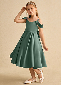 Azazie Favia Flower Girl Dresses Eucalyptus A-Line Off the Shoulder Matte Satin Dress image6