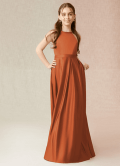 Azazie Arianthe Junior Vestido Canela de Cetim elástico de Linha A com com bolsos image4