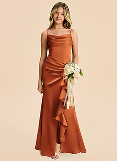 Azazie Rosalia Junior Cinnamon Sheath Pleated Stretch Satin Dress image1