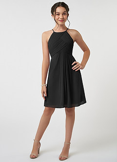 Azazie Ginny Junior Black A-Line Pleated Chiffon Dress image1