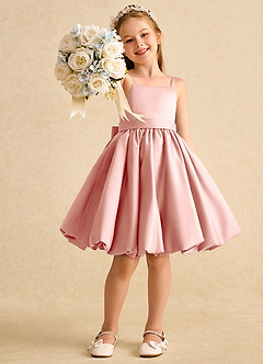 Azazie Davine vestidos de niña de las flores Vestido de Rosetón de Satin Mate de Corte En A con Tirante Espagueti image7