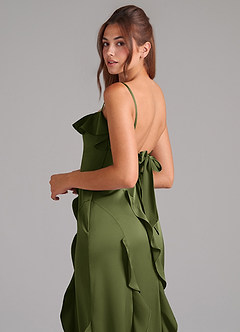 Azazie Malia Bridesmaid Dresses Olive A-Line Side Slit Stretch Satin Dress image2