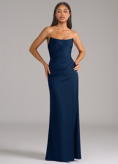 Azazie Marla Vestidos de damas de honor Vestido de Azul Marino Oscuro de Satén Elástico de Corte Recto Convertible con Sin tirantes image1