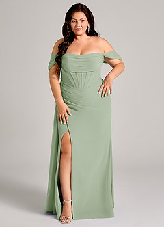 Azazie Amyra Jurken voor bruidsmeisjes Converteerbaar Jurk van Chiffon met Kolom Off the Shoulder Stoffige Salie image13