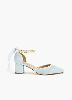 front Satin Pearl and Bow Pointed Toe Block Heels