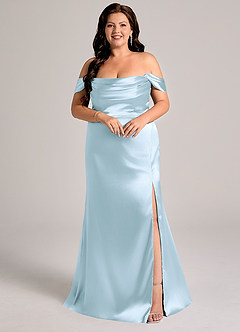 Azazie Saige Bridesmaid Dresses Sky Blue Sheath Off the Shoulder Metallic Satin Convertible Dress image9