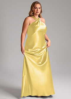 Azazie Doretta Brautjungfernkleider Meerjungfrau-Linie Schleifen Metallischer Satin Kleid Kanarienvogel image11