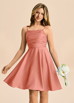 Azazie Miko Junior A라인 주름진 스트레치 새틴 미니 주니어 신부 들러리 드레스 image1