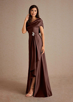 Azazie Branford Vestidos para mãe da noiva Vestido Café Expresso de Cetim elástico de Linha A com Plissado image2