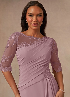 Azazie Dionysus At-home Try On Dresses Dusty Rose A-Line Boatneck Lace Chiffon Dress image4