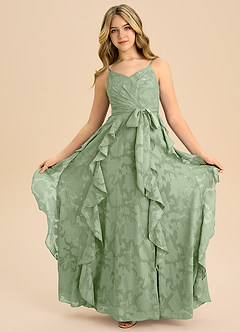 Azazie Peyton Junior A라인 주름진 플로럴 번아웃 플로어 길이 주니어 신부 들러리 드레스 image3