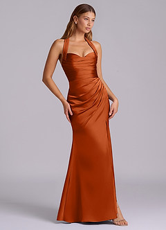 Azazie Destiny Vestidos de damas de honor Vestido de Naranja Quemada de Satén Elástico de Corte Sirena con Escote de Corazón image3