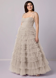 Barbie ♥ Azazie Robes de demoiselle d'honneur Robe Trapèze en Tulle Encolure en Forme de Cœur Givre image9