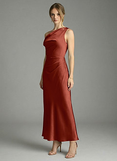 Azazie Emerson Bridesmaid Dresses Terracotta Mermaid Off the Shoulder Stretch Satin Dress image4