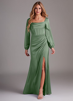 Azazie Charissa Bridesmaid Dresses Matcha Sheath Long Sleeve Stretch Satin Dress image1