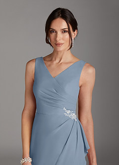 Azazie Saturn Mother of the Bride Dresses Dusty Blue Sheath V-Neck Pleated Chiffon Dress image2