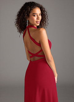 Azazie Clarice Final Sale Dark Green A-Line High Neck Stretch Crepe Dress image8