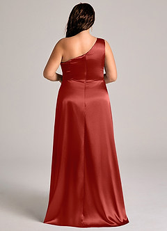 Azazie Brooke Bridesmaid Dresses Rust A-Line One Shoulder Metallic Satin Dress image9