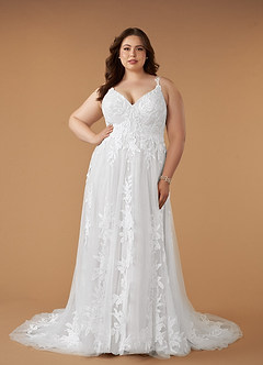 Azazie Delaina Wedding Dresses Diamond White A-Line V-Neck Sequins Tulle Dress image13