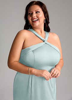 Azazie Rue Bridesmaid Dresses Mist A-Line Pleated Stretch Satin Dress image13