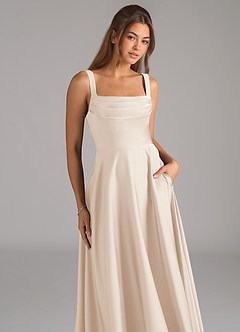 Azazie Shaude Bridesmaid Dresses White Alabaster A-Line Pleated Stretch Satin Dress image2