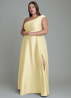 Azazie Melanie Bridesmaid Dresses Lemon Sorbet A-Line Off the Shoulder Stretch Satin Dress image7