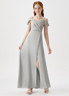 Azazie Ocean Junior Silver A-Line Off the Shoulder Stretch Satin Dress image6
