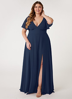 Azazie Kimber Robes de demoiselle d'honneur Robe Trapèze en Mousseline de soie Manches à volants Bleu Marine Foncé image5