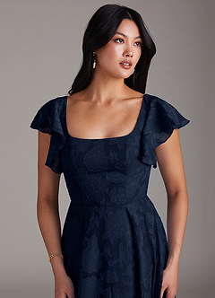 Azazie Bondi Bridesmaid Dresses Dark Navy A-Line Ruched Floral Burnout Dress image5